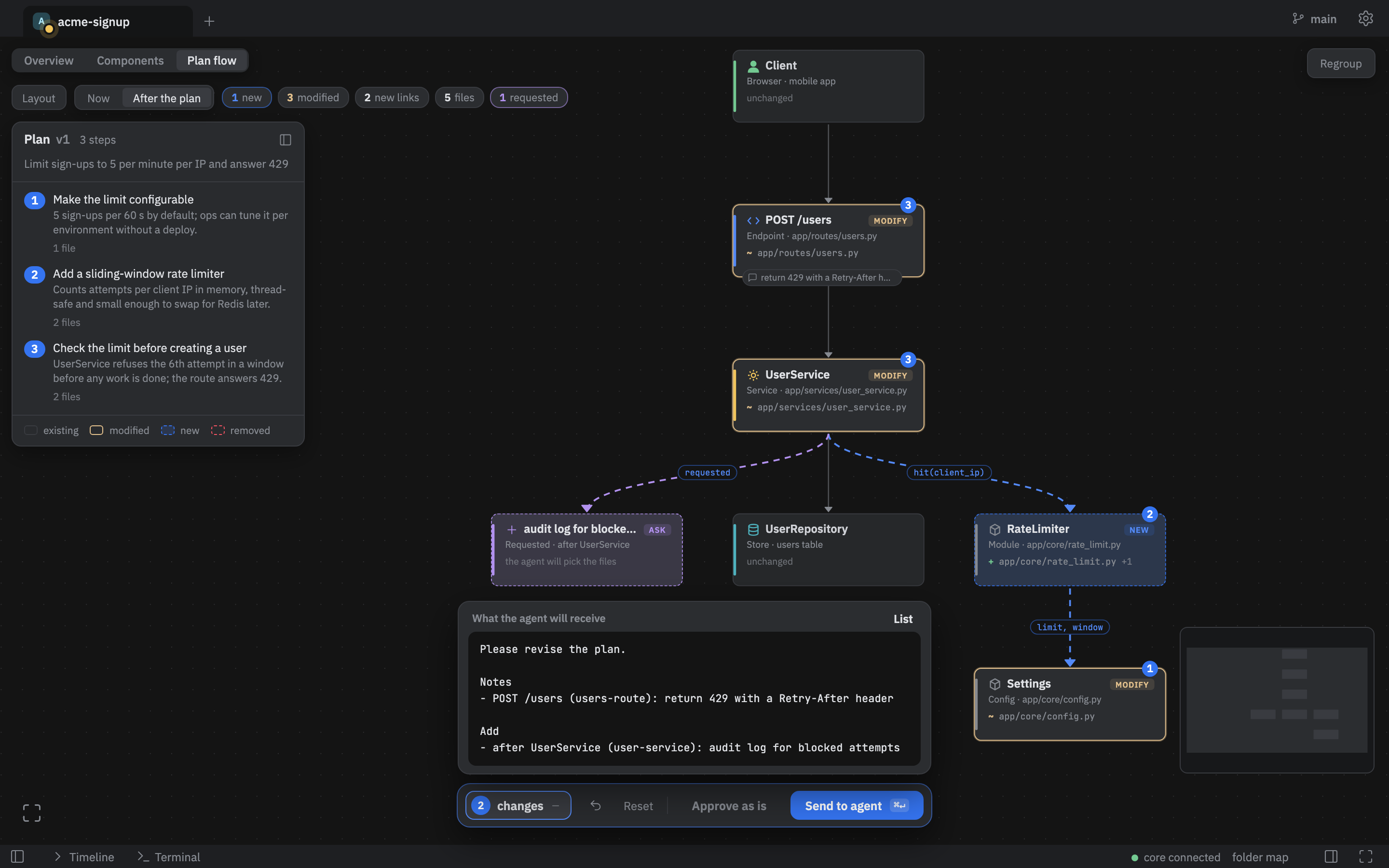 The plan map with a comment on one part and a requested part added after another, and the message that will be sent to the agent.