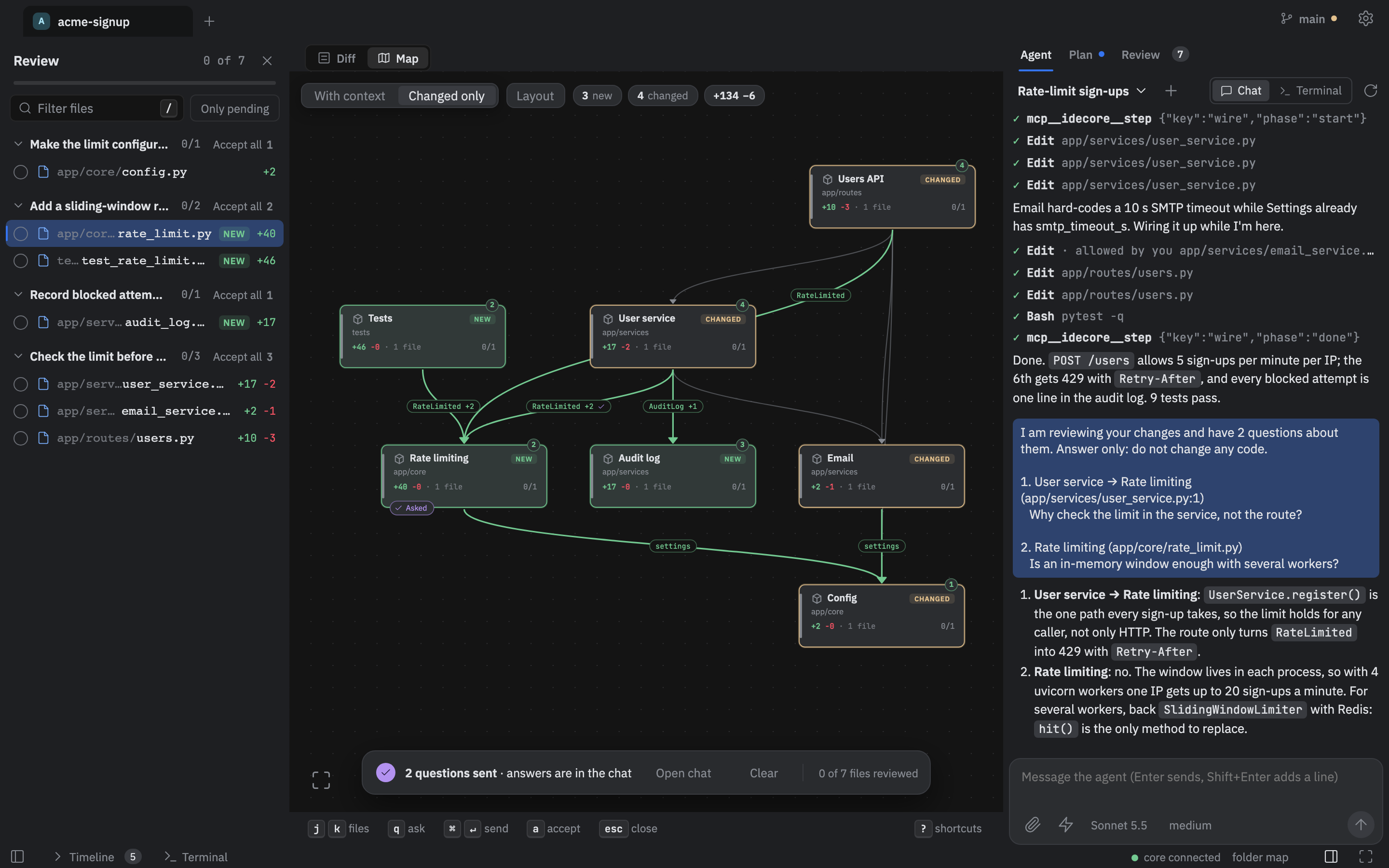 The review map: what the agent actually changed, with unplanned links, missing links and a question asked on a part.